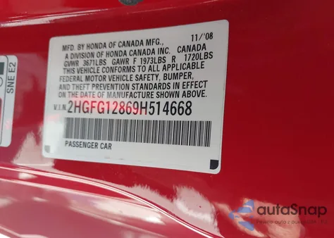 2009 Honda Civic Ex z USA, uszkodzony, nr VIN 2HGFG12869H514668